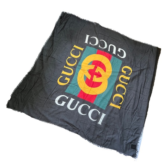 GUCCI Black Modal Silk Scarf with Logo Design - Picture 1 of 12